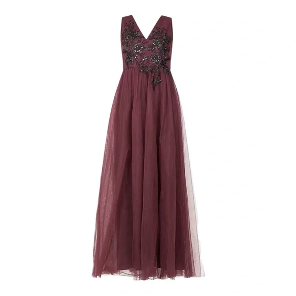 BCBG MAXAZRIA SLEEVELESS WINE TULLE FLORAL LACE APPLIQUÉ FLOOR LENGTH GOWN *NWT* - Picture 12 of 15